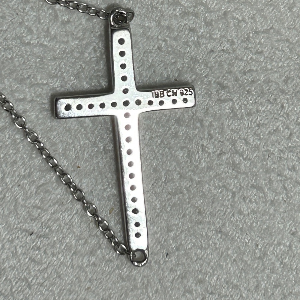 Sterling Silver Sideways Cross Necklace Dainty Clear Crystals Stamped 925 18"L - Picture 10 of 12